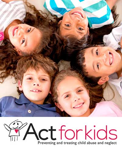 Group of 5 children with their heads placed together in a circle with the Act for Kids logo beneath