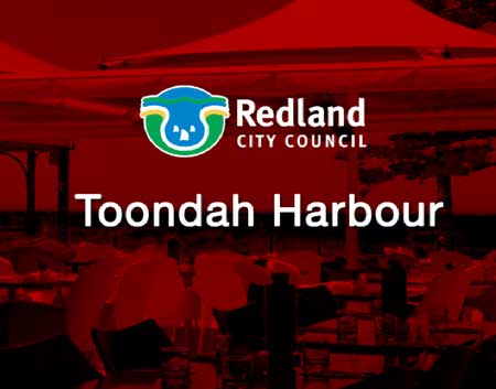 Red overlay over outdoor restaurant with Redland City Council logo in front with Toondah Harbour written underneath