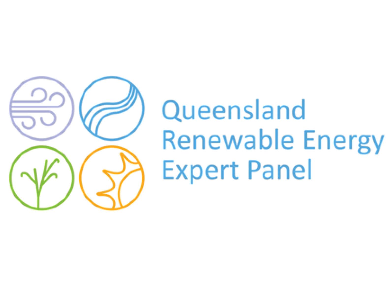 Queensland Renewable Energy Expert Panel logo which includes 4 circular graphics with a wind gust, water, plant and the sun depicted inside