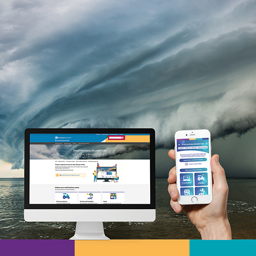 A desktop computer and mobile view of the Business Queensland Disaster Hub website