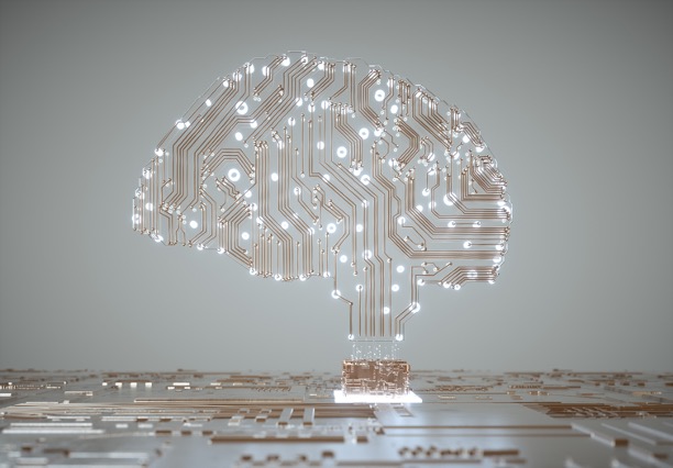 Microchip nodes and light bulbs in the shape of a brain from data storytelling
