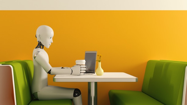 robot sitting at a booth with a computer doing AI data analysis