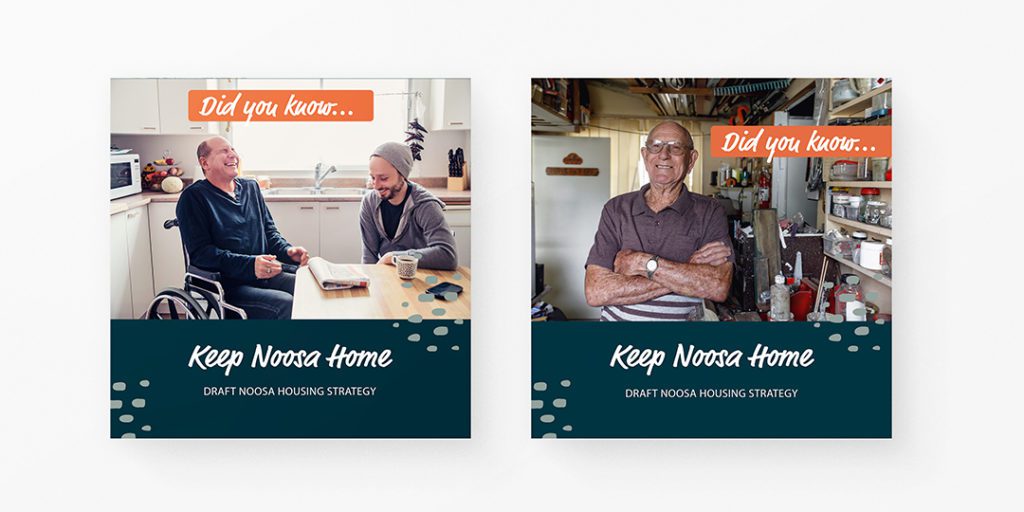 Keep Noosa Home - Social Media Tiles. The first image shows two men sitting at a kitchen table laughing. The second image shows and older man standing in a garage. 