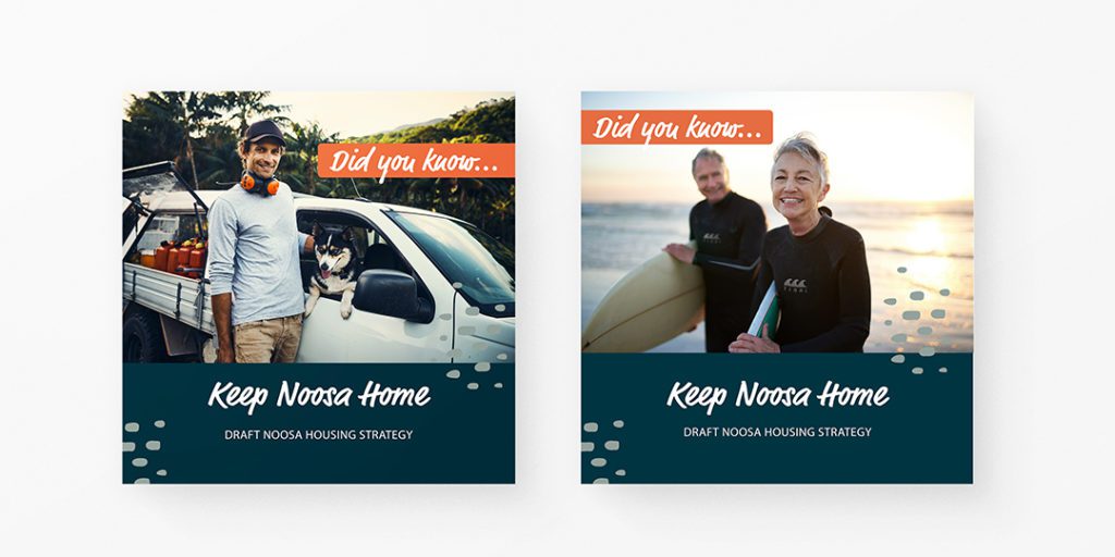 Keep Noosa Home - Social Media Tiles. First image shows a tradesman standing by his car. Second image shows a man and woman walking on the beach holding surfboards.