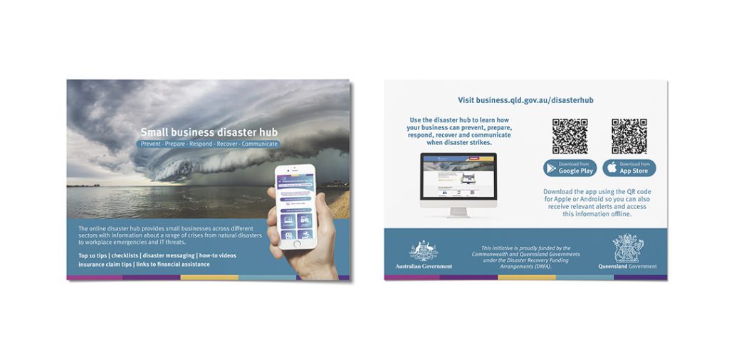 Image of 2 infographics with information about the Small Business Disaster Hub. The first infographic shows a photo of a stormy beach and the hand of a person holding their mobile phone with the disaster hub app open. The second infographic shows QR codes and instructions to download the app.