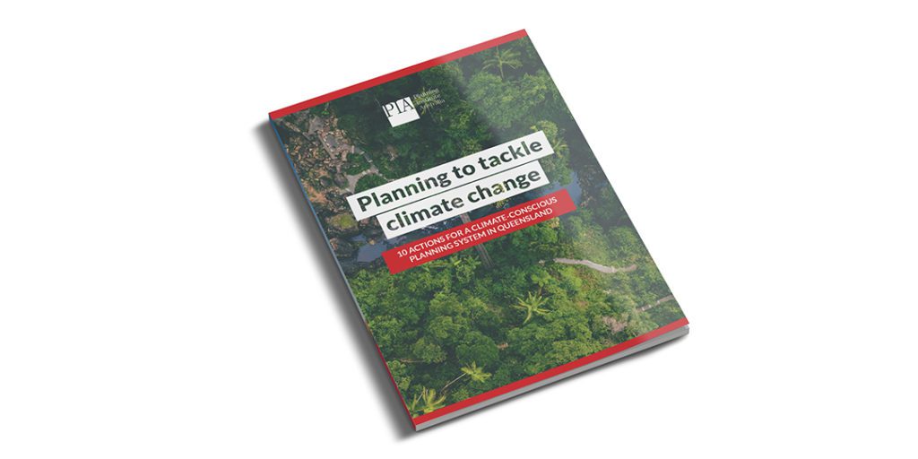 Image of the 'Planning to tackle climate change' publication front cover, with title and treetop image of trees. 
