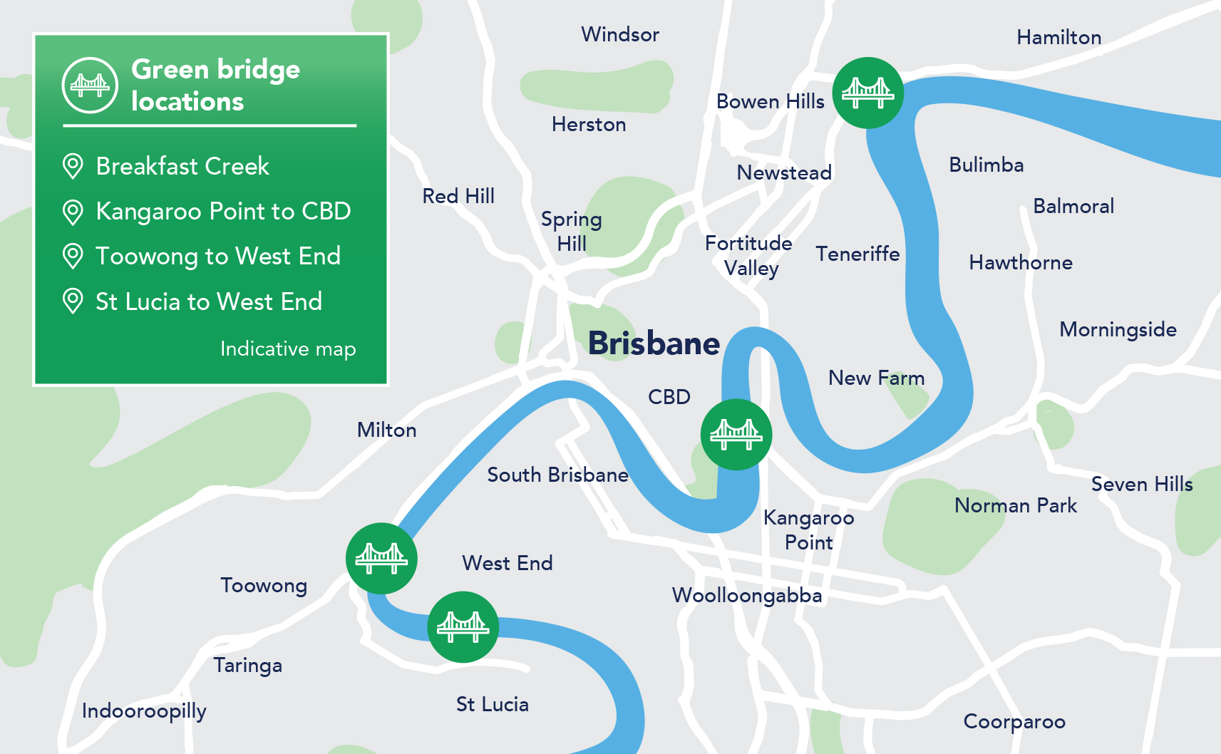 Map of green bridge location across the Brisbane Rivers
