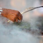 Human hand holding a wooden dish and feather at the smoke ritual rite at a indigenous community event in Australia.